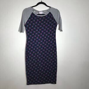 LuLaRoe Julia XS Blue Bodycon Dress Gray Raglan Geometric